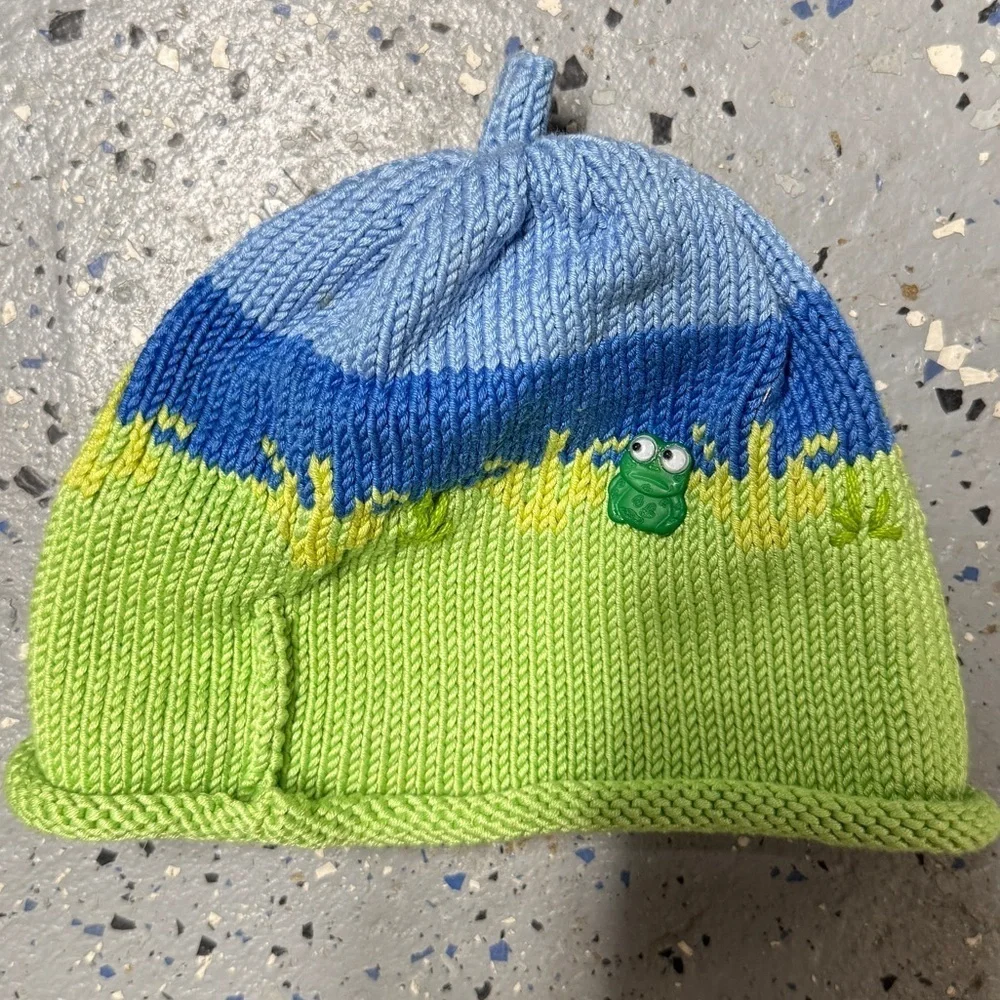 Baby Knit Hat With Frog Appliqué